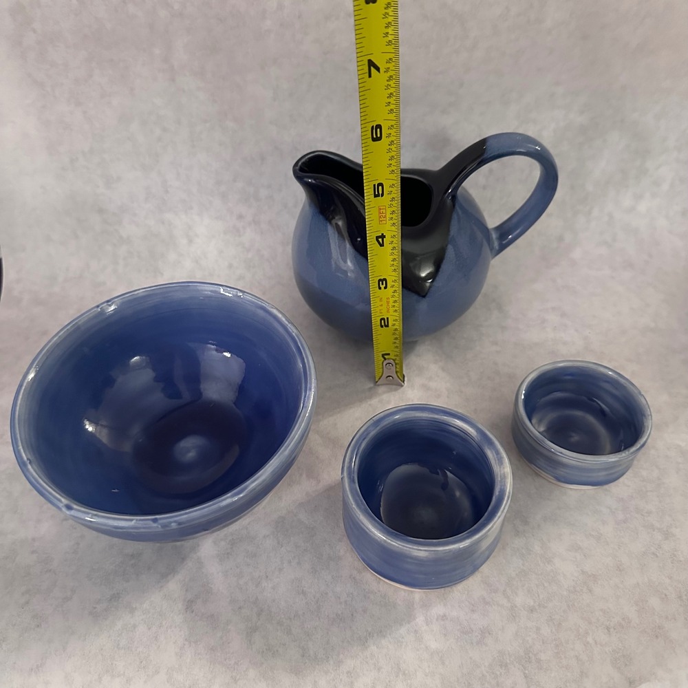 Blue Glazed Ceramic Pitcher Bowl Set 4 Pieces Small Creamer Cup - Picture 15 of 16